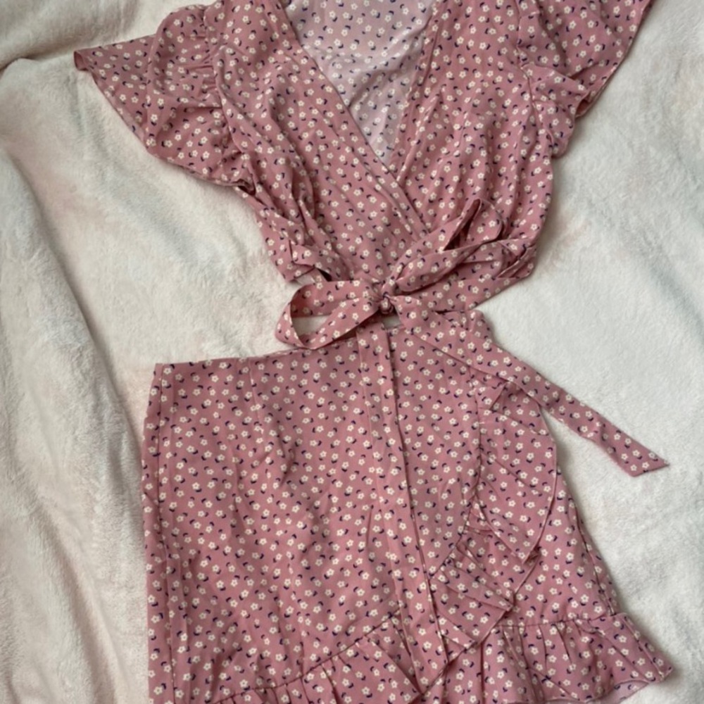 floral wrap top and skirt set from shein
